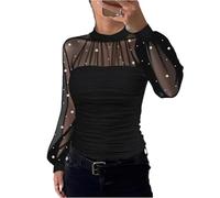 Ladies Long Sleeve Tops Sheer Mesh Pearl Detail Puff Sleeves Mock Neck Slim Fit Base Layer Blouse Womens Long Sleeve Tops for Women UK Casual Going Out Stretchy Tunic Black, L