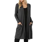 Ladies Long Solid Color Cardigans with Pocket Knee-Length Long Black Cardigan Solid Color Women V Neck Long Sleeve Coat Outerwear Long Cardigans for Women UK Women's Fashion