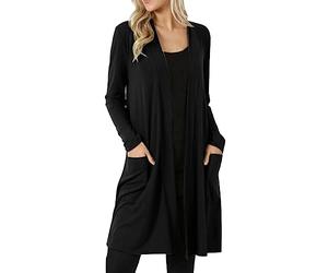 Ladies Long Solid Color Cardigans with Pocket Knee-Length Long Black Cardigan Solid Color Women V Neck Long Sleeve Coat Outerwear Long Cardigans for Women UK Women's Fashion
