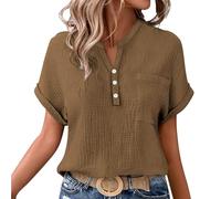 Ladies Long T Shirts Summer Cap Sleeve Tshirt Oversized Button Down V Neck Blouses Tees Solid Cotton Linen Loose Tunic Tops Ladies Lightweight Comfy Clothes Buy Again My Orders Brown