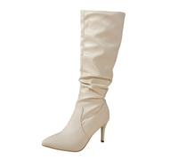 Ladies Long Tall Boot Faux Leather Knee Boots Comfort Heel Round Toe Go Western Cowgirl for Women Elastic Calf Fall Chunky Pointed White