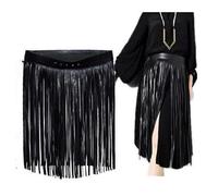 Ladies Long Tassel Black PU Leather Skirt - Gypsy Style for Women - Punk Fringe Belt for Bikini Club Party - Women and Girls