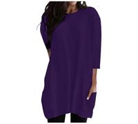 Ladies Long Tops to Wear with Leggings 3/4 Sleeve Tunic Tops Women's Oversized Shirts Baggy Comfy Blouses Tops Mid-Long Shirts Boat Neck Plain Stretch Tee Mini Dress with Pockets UK Sale