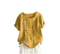 Ladies Longline Blouse Floral Embroidered Buttons Crew Neck Top Lagenlook Short Sleeve Cotton Linen Shirts Casual Loose Oversized Tunics Lägenhetskläder Today 2025 Yellow