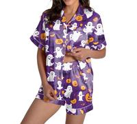 Ladies Lounge Wear Sets Halloween Pyjamas for Women Silk Satin Pyjama Pumpkin Ghost Printed Bride Pjs Set Two Piece Pj Sets Button Down Top and Shorts Sleepwear Loungewear