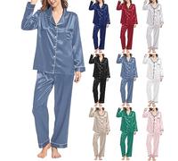 Ladies Loungewear Sets, Womens Satin Pyjamas Set Plus Size, Solid Color Long Sleeve Housewear 2 Pieces Outfits, Comfortable Button Down Nightwear Outfits Casual Smooth Loungewear Set Spring Autumn
