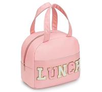 Ladies' Lunch Bag, Small PU Leather Style, Chenier Letters - Leak-Proof Lunch Bag, Reusable Portable Office Lunch Box (White and Pink)