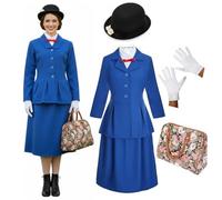 Ladies Magical Victorian Nanny Costume - Blue Jacket & Skirt, Black Bowler Hat with Daisies, White Gloves - Adults World Book Day Book W ancy Dress Costume
