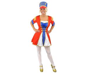 LADIES MAJORETTE COSTUME - RED WHITE & BLUE DRESS WITH GOLD TRIM + MATCHING RED & BLUE TALL HAT + MARCHING CANE - WOMENS CHEERLEADER NUTCRACKER TOY SOLDIER CHRISTMAS FANCY DRESS (X-SMALL)