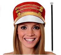 Ladies Majorette Hat - Tall Red Hat With White Brim and Gold Detailing + Dance Cane - Adults Toy Soldier Hat With Buttons Nut Cracker Cheerleader Fancy Dress Accessory