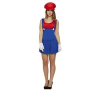 HENBRANDT Adult Women’s Red Super Plumber Fancy Dress Retro 1980s Videogame Red and Blue Mini Overalls Dress Moustache Brothers Workman Ladies Fancy Dress Costume