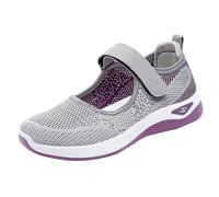 Ladies Mary Jane Walking Trainers Women Mesh Breathable Shoes Ballerina Hook and Loop Strap Athletic Sneakers Lightweight Fly Weave Cushioned Footwear for Nursing Long Standing Gym Work Summer Grey