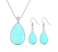 Ladies Matching Jewellery Set for Women - Teardrop Design Necklace Pendant & Drop Earrings - Turquoise Howlite Blue Gemstone - With Jewellery Gift Box (Turquoise)