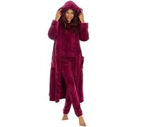 Ladies Matching Nightwear Loungwear Warm Plush Fleece Set Longline Robe and Long Sleeved Pyjama Lounge Set Top and Bottoms Red Burgundy X-Large
