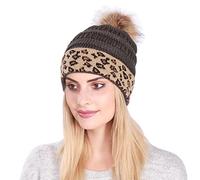 Ladies Mens Chunky Knit Cable Knit Faux Pom Poms Lined Rolled Hem Leopard Print, gray, One Size