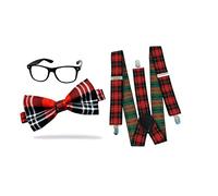 Ladies Mens Girls Nerd geek RED TARTAN fancy dress costume glasses tie and braces 80's dweeb school