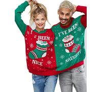 Ladies Mens Mr & Mrs Elf, Naughty & Nice Twin Christmas Jumper (Red - Naughty & Nice, One Size)