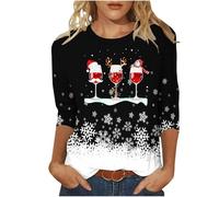 Ladies Merry Christmas Tree Tee Shirt Funny Wine Glass Graphic Xmas Sweatshirts Womens Crewneck 3/4 Sleeve Pullover Snowflake Print Tops Blouse Gifts for Her