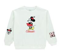 Ladies Mickey Mouse Fashion Sweatshirt Crewneck - Chenille Patch & Embroidery Sleeve - Mickey & Minnie Sweatshirt, Winter White, Medium