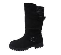Ladies Mid Calf Boots Slip On Design with Adjustable Strap for Winter Warmth Comfortable Casual Ankle Booties(Black, 5)
