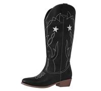 Ladies Mid Calf Cowboy Boots, Pointed Toe Country Pull On Boots Mid Wide Calf Western Shoes Block Heel Retro Riding Wedding Boot Non-Slip Cowgirl Shoes Womens Fashionable Concert Boot