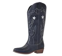 Ladies Mid Calf Cowboy Boots, Pointed Toe Country Pull On Boots Mid Wide Calf Western Shoes Block Heel Retro Riding Wedding Boot Non-Slip Cowgirl Shoes Womens Fashionable Concert Boot