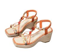 Ladies Mid Heel Wedge Espadrille Sandal Square Toe Colorful raided, Glitzy hinestone and Elasticated Slingback Strap Footwear Chunky Block Heels Comfortable Platform Sandal (Orange, 6-6)