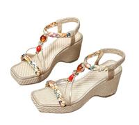 Ladies Mid Heel Wedge Espadrille Sandal Square Toe Colorful raided, Glitzy hinestone and Elasticated Slingback Strap Footwear Chunky Block Heels Comfortable Platform Sandal (Gold, 6-6)