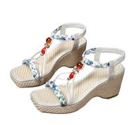 Ladies Mid Heel Wedge Espadrille Sandal Square Toe Colorful raided, Glitzy hinestone and Elasticated Slingback Strap Footwear Chunky Block Heels Comfortable Platform Sandal (Silver, 6-6)