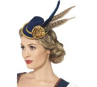Ladies Mini Oktoberfest Hat Blue With Deluxe Feather German Fancy Dress