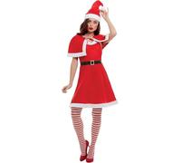 Smiffys Adult Miss Santa Costume, Red & White - Women’s Christmas Fancy Dress Outfit with Dress, Cape & Hat, Festive Holiday Costume for Xmas Parties, Events & Seasonal Celebrations Large