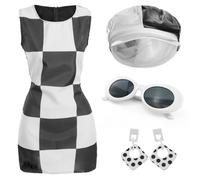 Ladies Mod 60s Costume Set - Xsmall - Black & White Dress with Matching Hat, Glasses & Earrings - Perfect for Retro Fancy Dress Parties