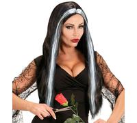 Ladies Mortisia Wig Black White Halloween Gothic Vampire Long Costume Wig