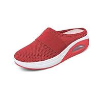 Ladies Mule Trainers Backless Slip On Women Wedge Platform Mesh Shoes Air Cushion Rocker Sole Breathable Walking Sneakers Lightweight Orthopaedic Footwear for Nursing Long Standing Red