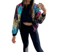 Ladies Multicolored Rainbow Sequin Zip Up Bomber Jacket Club Party Jacket Top (rainbow UK 12-14)