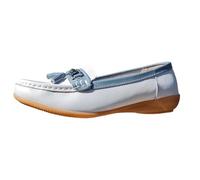 Ladies Nautical Wide FIT Leather Smart Loafer Tassel Moccasin Flat Slip On Comfort Shoe Size 3-8 (White/Baby Blue, UK Footwear Size System, Adult, Women, Numeric, Medium, 8)