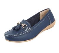 Ladies Nautical Wide FIT Leather Smart Loafer Tassel Moccasin Flat Slip On Comfort Shoe Size 4-8 (Dark Blue, 7)