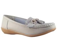 Ladies Nautical Wide FIT Leather Smart Loafer Tassel Moccasin Flat Slip On Comfort Shoe Size 4-8 (Stone, 5)