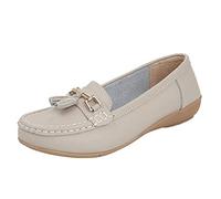 Ladies Nautical Wide FIT Leather Smart Loafer Tassel Moccasin Flat Slip On Comfort Shoe Size 4-8 (Stone, 6)