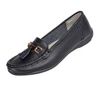 Ladies Nautical Wide FIT Leather Smart Loafer Tassel Moccasin Flat Slip On Comfort Shoe Size 4-8 (UK 4/ EU 37, Black)