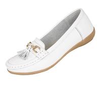 Ladies Nautical Wide FIT Leather Smart Loafer Tassel Moccasin Flat Slip On Comfort Shoe Size 4-8 (UK 8/ EU 41, White)