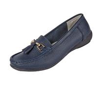 Ladies Nautical Wide FIT Leather Smart Loafer Tassel Moccasin Flat Slip On Comfort Shoe Size 4-8 (UK 4/ EU 37, Navy)