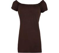 Ladies New Plain Off Shoulder Boho Womens Elasticated Gathered Long Gypsy Summer Top Dark Brown Size 14