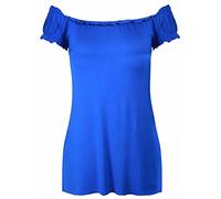 Ladies New Plain Off Shoulder Boho Womens Elasticated Gathered Long Gypsy Summer Top Royal Blue Size 16