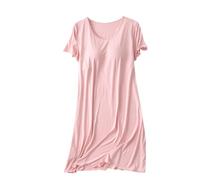 Ladies Nighties Cotton Blend Short Sleeve Nightdress Loose Nightshirt Built in Bra Women's Super Soft Midi Home T-Shirt Dress Baggy Pajama Round Neck Sleep Dress Casual Sleepwear with Pockets Pink