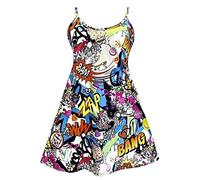 Ladies Novelty Fancy Strappy Cami Vest Mini Dress Womens Sleeveless Plain Hen Party Wear Swing Skater Top Plus Size Bang Print UK 12-14