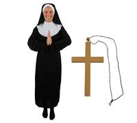 Ladies Nun Costume - Black and White Vestment Robe, Matching Cowl, Gold Cross Necklace - Adults Womens Funny Hen Night Religious Halloween Fancy Dress Costume