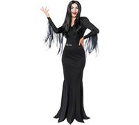 Ladies Official Addams Family Morticia Costume Long Black Dress Wig Halloween