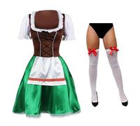 Ladies Oktoberfest Bavarian Beer Maid Costume - Small - Green Dirndl Dress with Apron & White Thigh High Stockings with Red Bows