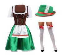 Ladies Oktoberfest Beer Maid Costume Set - XLarge - Bavarian Dirndl Dress with Green Hat and Bow Stockings - Traditional German Fancy Dress Outfit